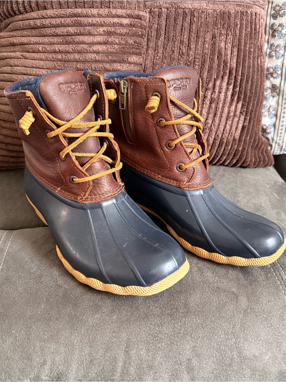 Sperry Navy and Brown Waterproof Duck Boots with Tan Soles
